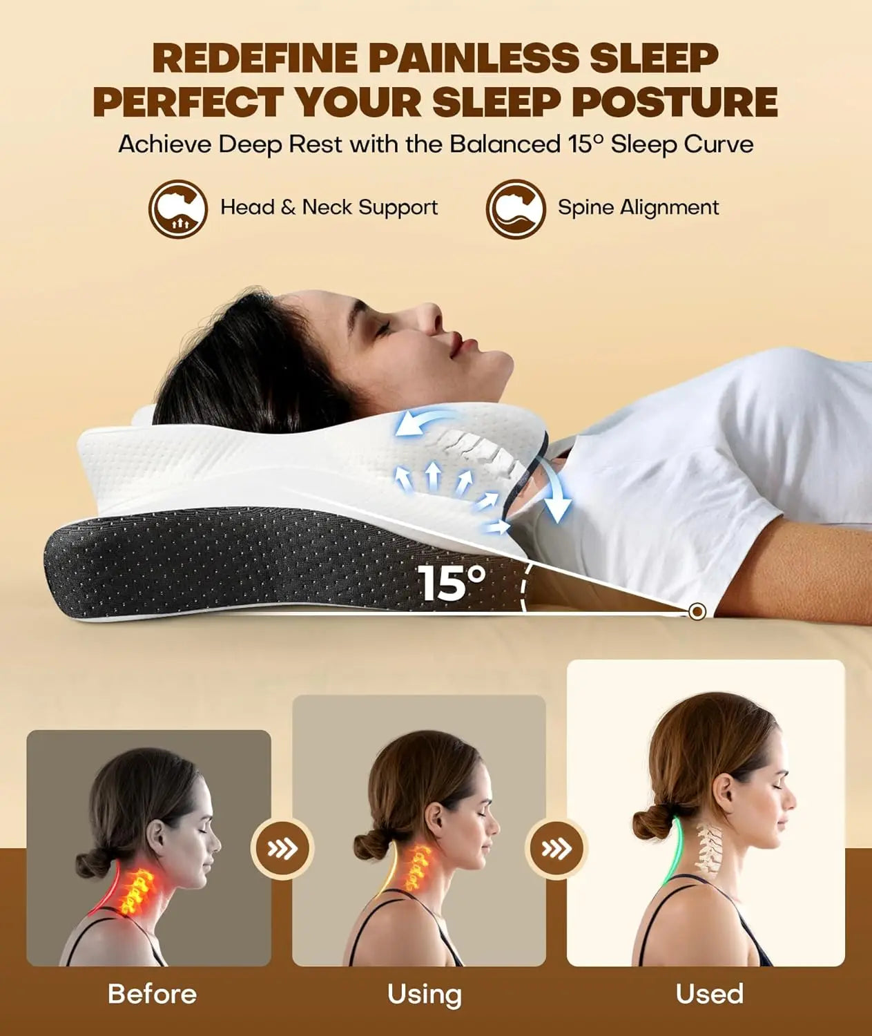 Sleep aid product with text on achieving deep rest and perfect sleep posture.