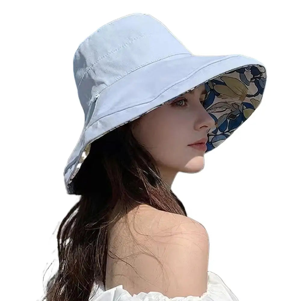 Double-Sided Printed Sun Hat Dual-Style Reversible Wear Sun Protection Windproof Rope Flower Print Wide Brim Fisherman Hat Women Peaceful Pleasures Health and Wellness Blue