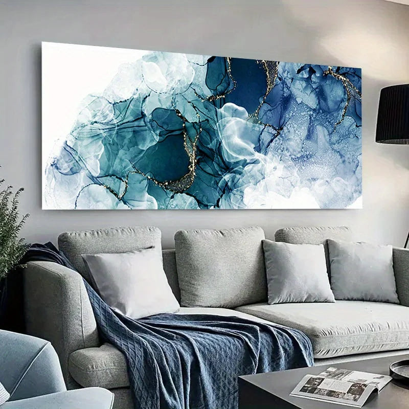 1pc Frameless Modern Abstract Fluid Art Canvas - Striking Blue, White & Golden Swirls for Living Room & Bedroom Decor, Wall Art Peaceful Pleasures Health and Wellness