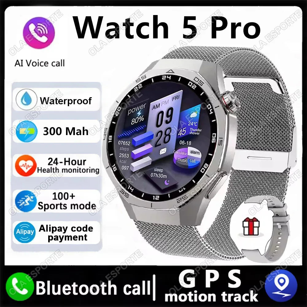MA27 New Watch 5 Pro Smart Watch 1.53 Inch AMOLED Display Screen GPS Sports Tracker Smartwatch Men Women IP68 Waterproof Watches Peaceful Pleasures Health and Wellness Silver Milan