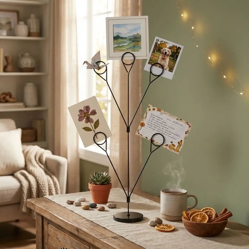 Stylish 5-Branch Photo Holder Round Base Picture Holder Memo Clip Stand Romantic Vertical Display Stand Wedding Table Peaceful Pleasures Health and Wellness
