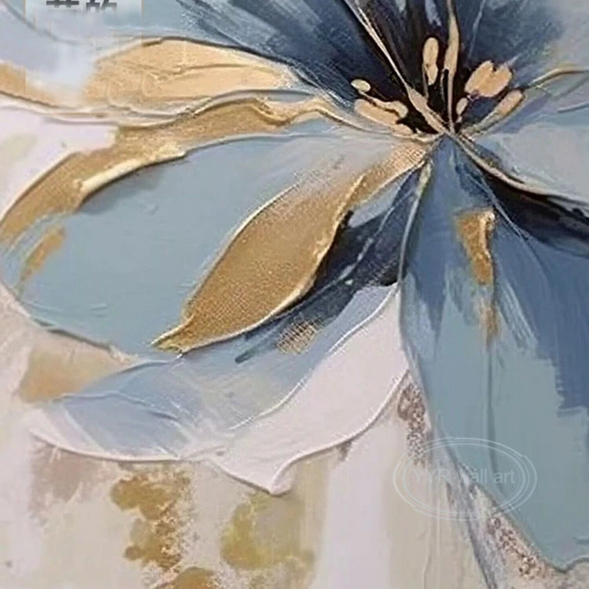 Hand-Painted Blue Floral Oil Painting on Canvas | Wall Art Hand-Painted Canvas Art Peaceful Pleasures Health and Wellness