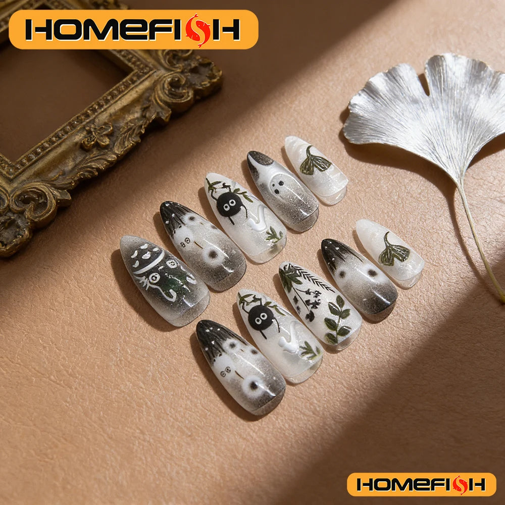 24pcs Gradient Black False Nails Cute Cartoon Cat's Eye Forest Elf Girl Press On Nails Glossy Almond Sweet Cool Fake Nail Tips Peaceful Pleasures Health and Wellness