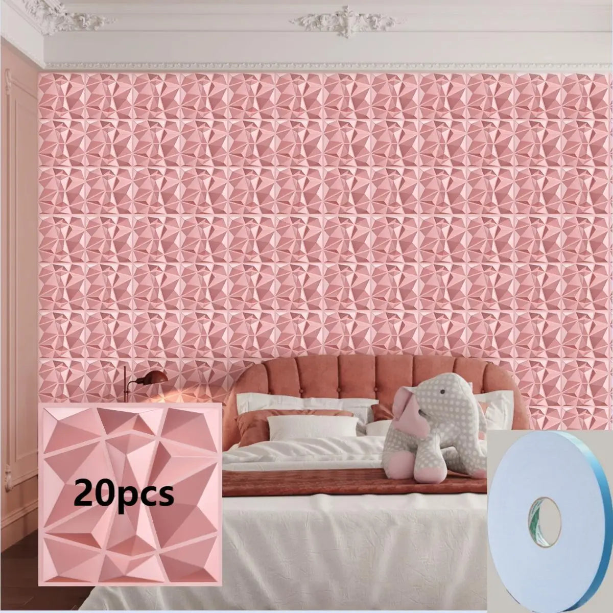 20/30PCS 3D diamond patterned PVC wall panel, suitable for indoor wall decoration, 11.8 x 11.8 inches (including tape) Peaceful Pleasures Health and Wellness Pink 20pcs