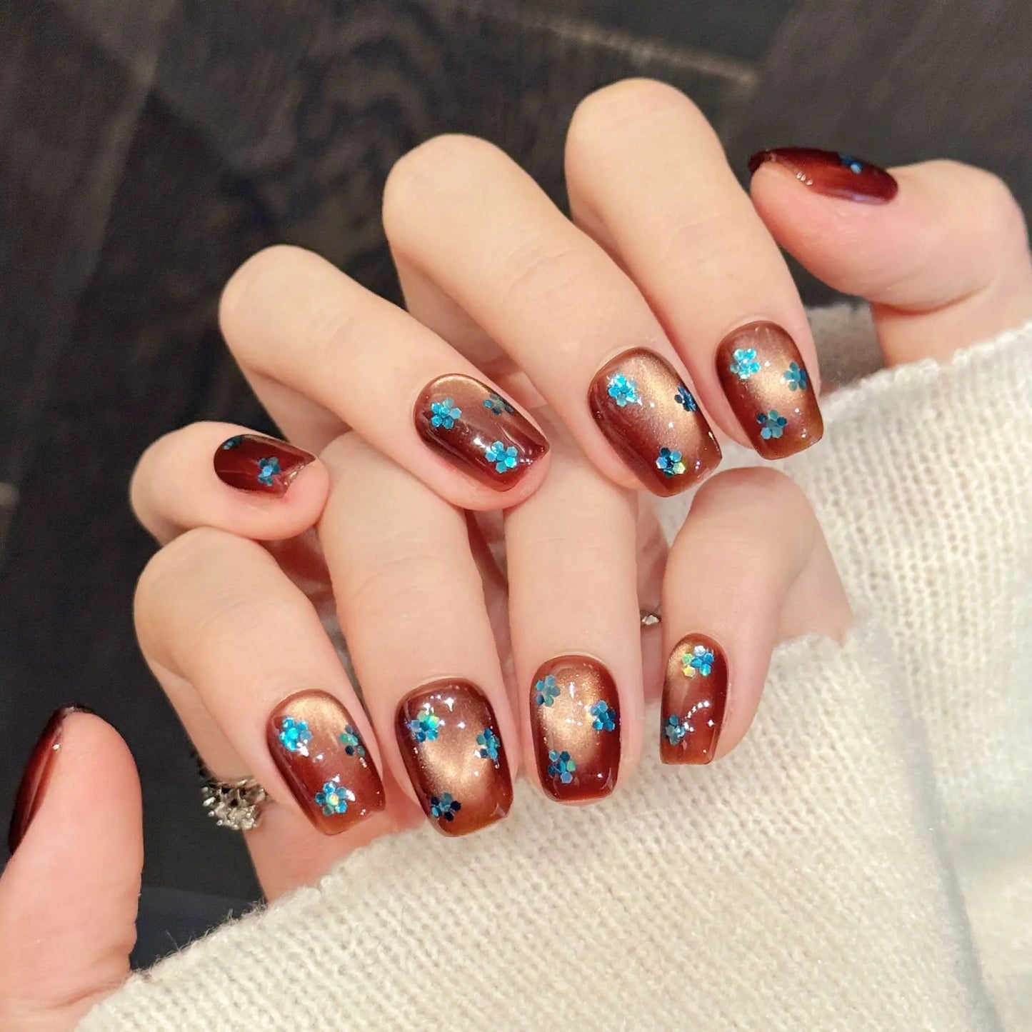 Caramel Brown Press-On Nails | Cat's Eye Green Diamond Y2K