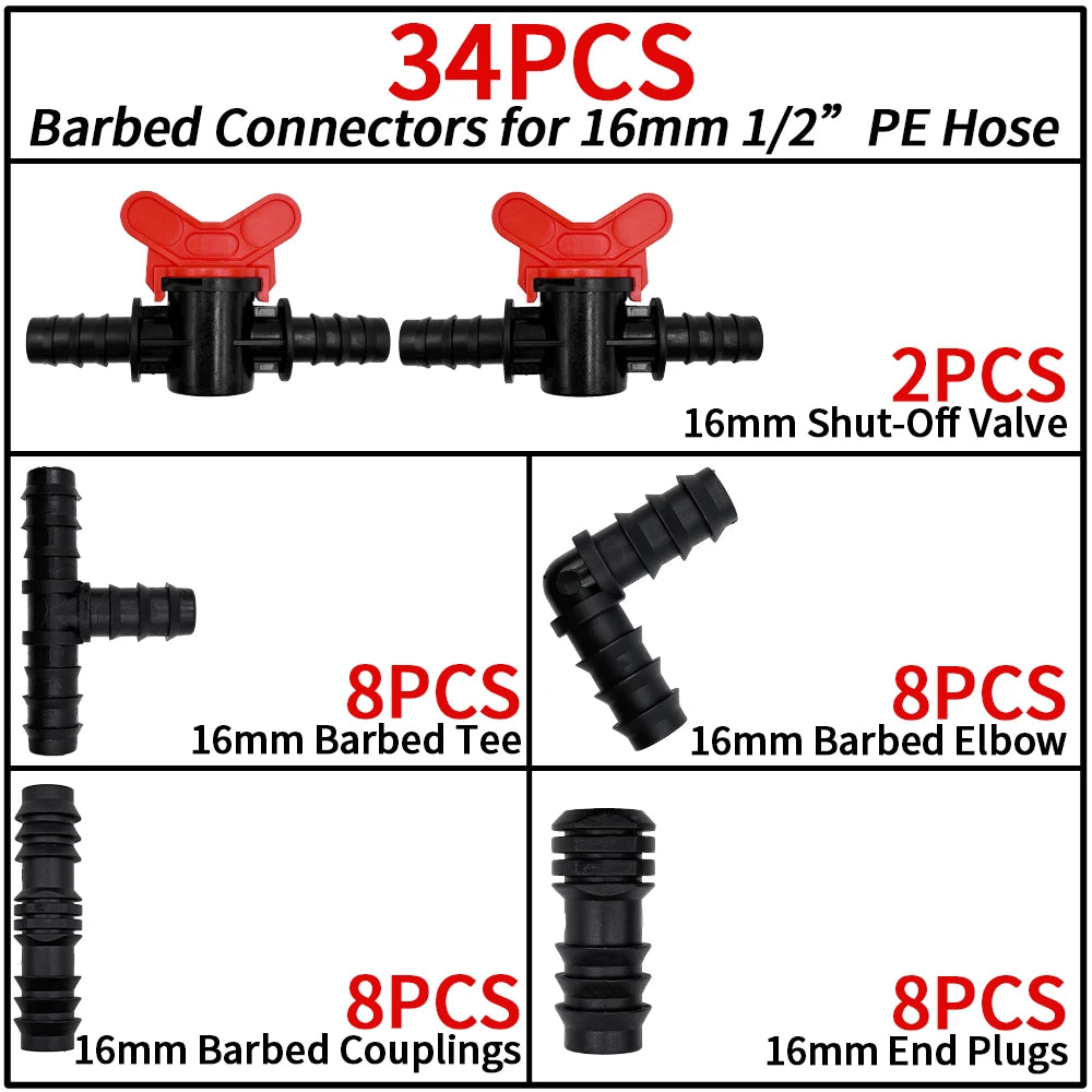 34Pcs 1/2" Drip Irrigation Fittings Kit Straight Tee Elbow Plug For 1/2 Inch 16mm Tubing Garden Watering Hose Connect Peaceful Pleasures Health and Wellness 34Pcs
