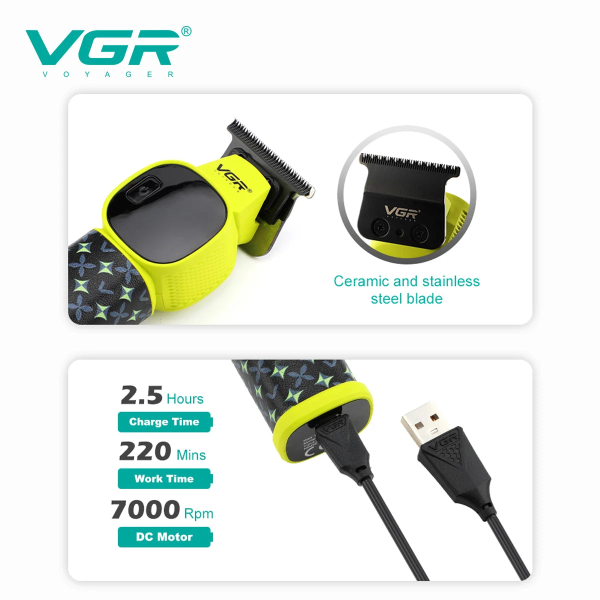 VGR new hair clipper LED intelligent digital USB hair trimmer ceramic stainless steel blade professional electric push V-185 Peaceful Pleasures Health and Wellness