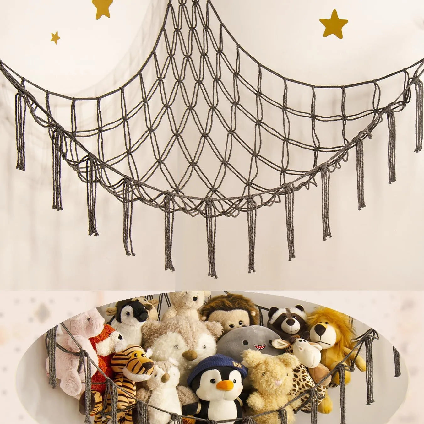 Corner Mounted Toy Storage Net Handwoven Cotton String Triangle Pouch Plush Doll Hammock Kids Room Organizer Peaceful Pleasures Health and Wellness Grey 100x100x140
