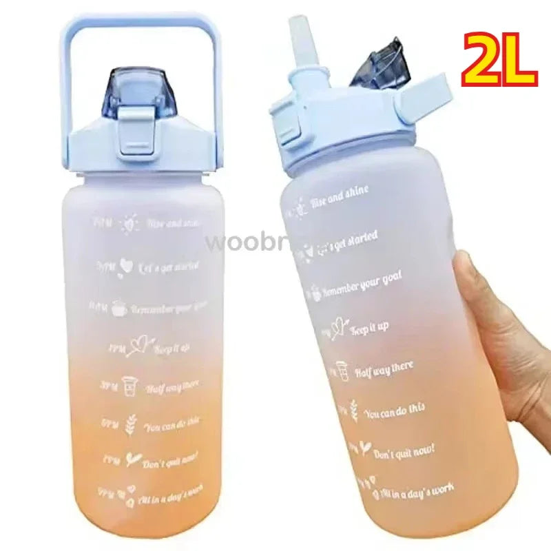 2L Motivational Sports Water Bottle with Time Marker & Straw