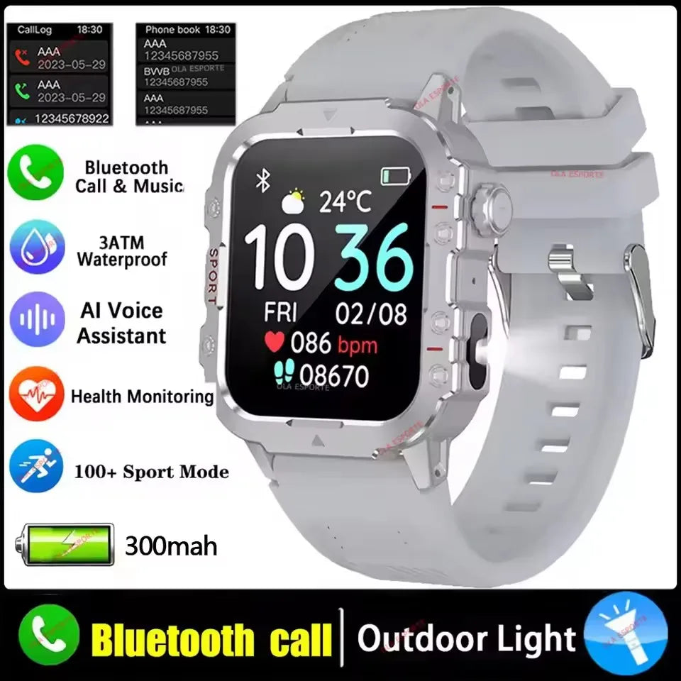2026 Rugged Military Smart Watch Men's Outdoor Watch LED Flashlight 2.01'' HD Touch Screen Voice Bluetooth Call Smartwatch Gifts Peaceful Pleasures Health and Wellness Silver