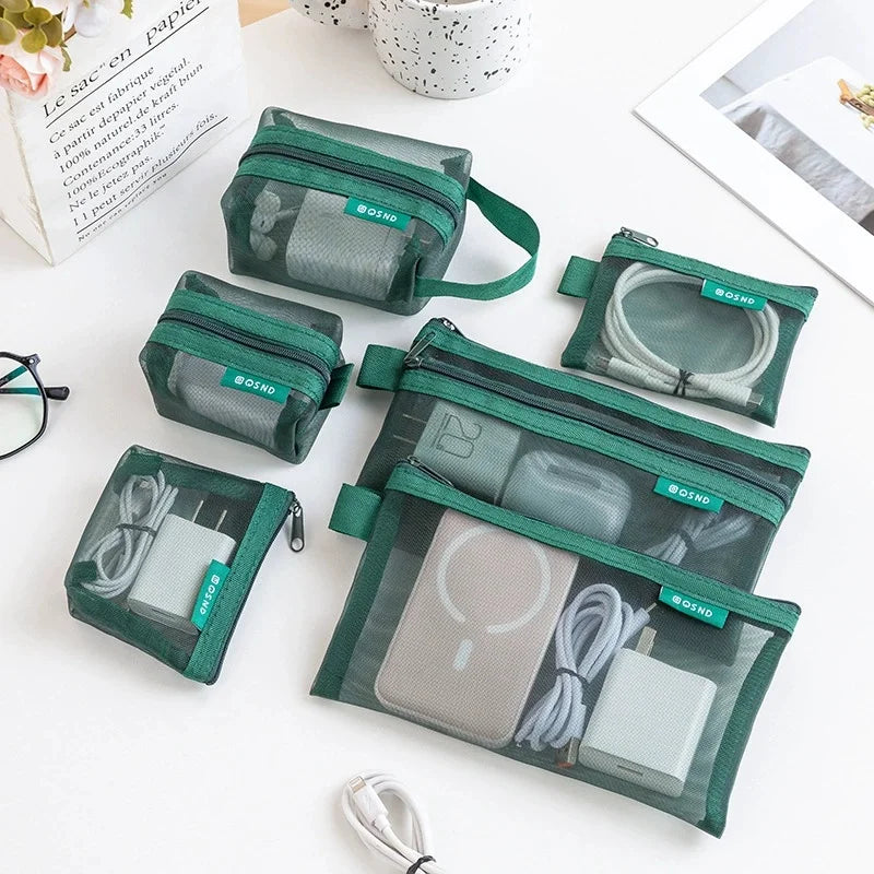 6-Piece Zipper Mesh Makeup Bags | Clear Travel Organizer Set