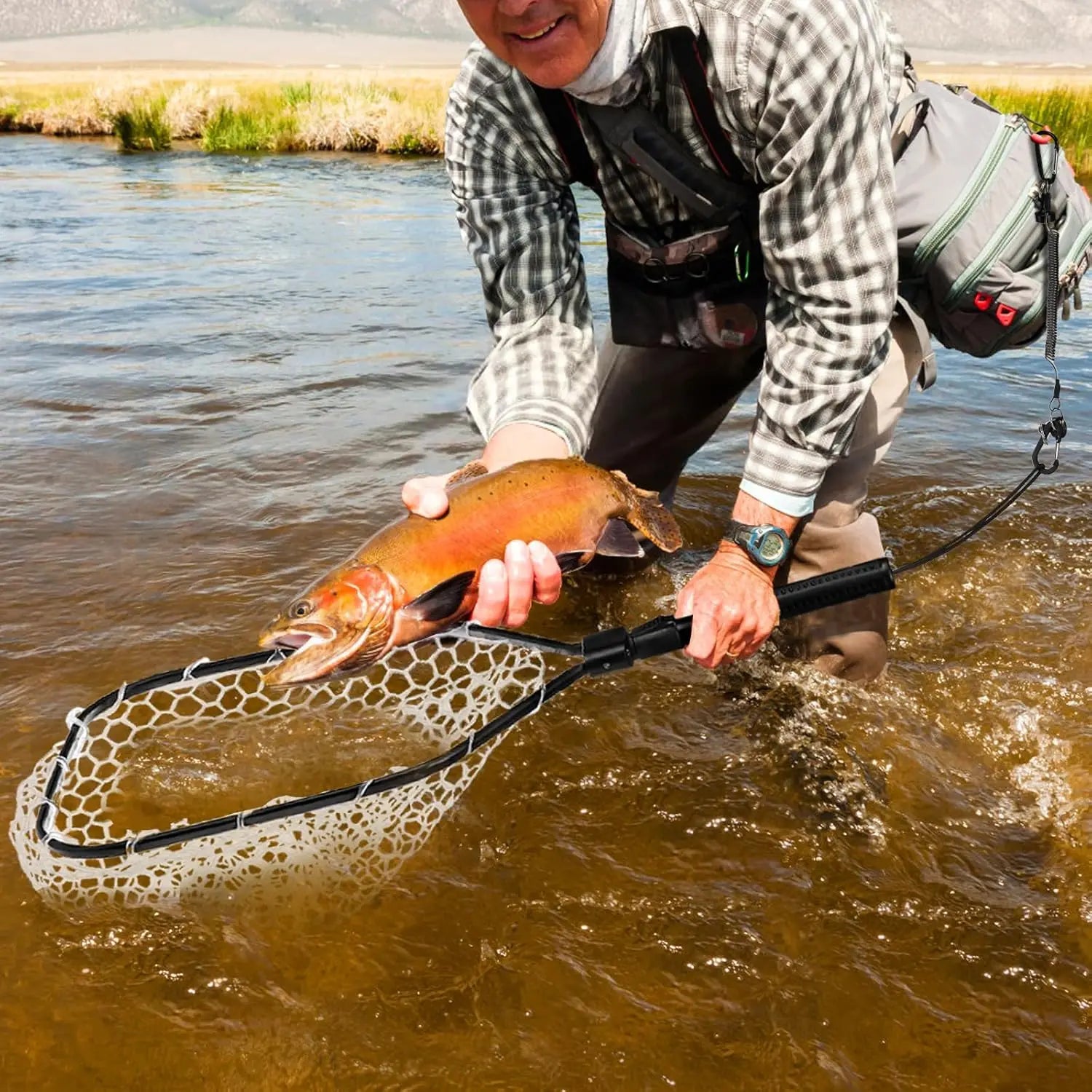 Fly Fishing Net Bass Trout Landing Net Folding Fishing Nets with Non-absorbent Coating Mesh Freshwater Safe Catching Releasing Peaceful Pleasures Health and Wellness