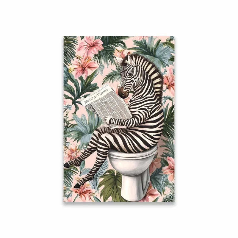 Funny Animal Bathroom Canvas Wall Art | Zebra Giraffe Tiger