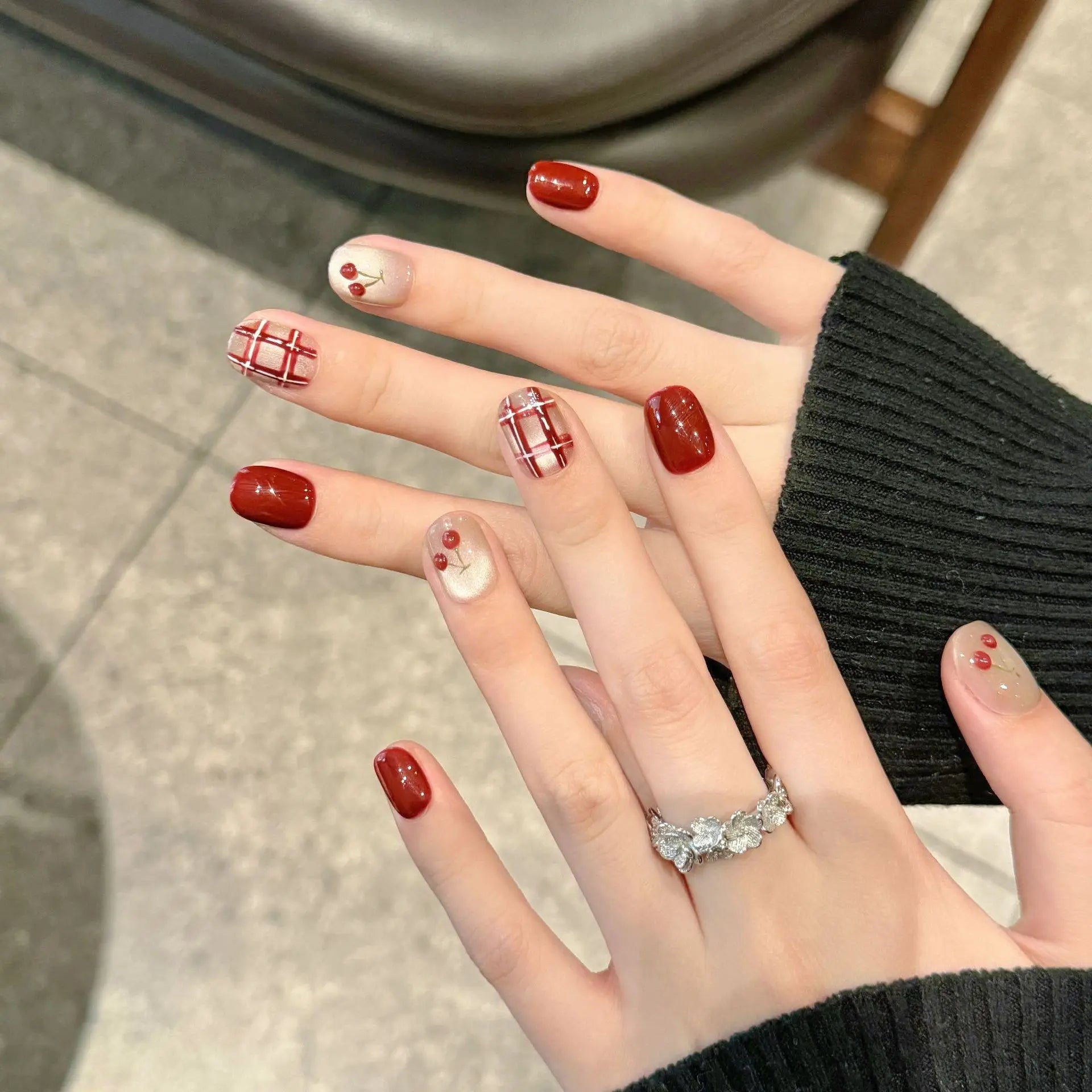 Handmade Red Cherry Glitter Cat Eye Press-On Nails | Short Round Press-On Nails Peaceful Pleasures Health and Wellness
