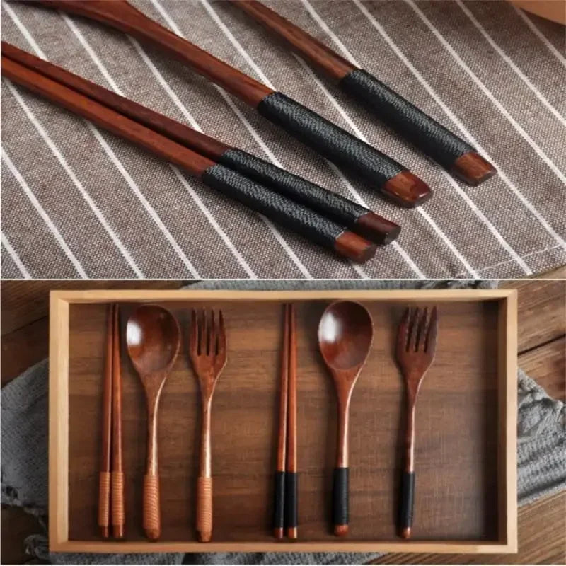 3 Piece Set Stainless Steel Cutlery Wooden Tableware Coffees and Teas Tableware Forks Spoon Korean Plates Dinner Sets Chopsticks Peaceful Pleasures Health and Wellness
