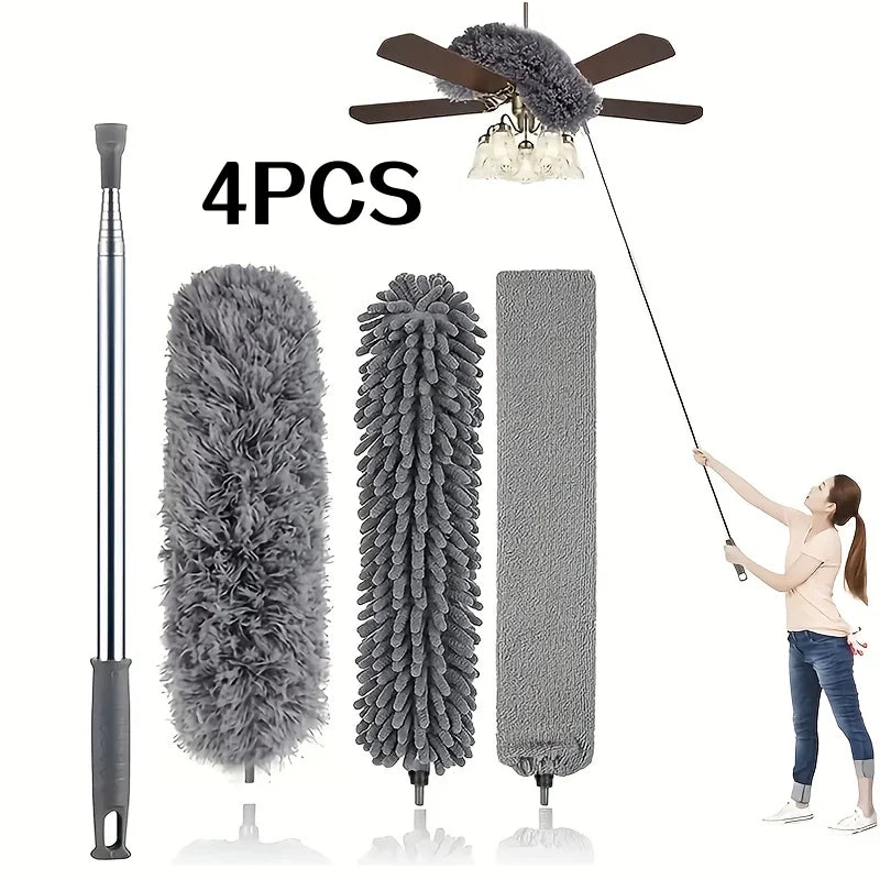 4-Piece Set of Household Electrostatic Dusters, Extendable Feather Dusters, Extendable Dust Brushes, Dusters for High Ceilings, Fans, Spider Webs, Reusable, Lightweight, for Cleaning Curtains and Ceiling Fans Peaceful Pleasures Health and Wellness 4Pcs