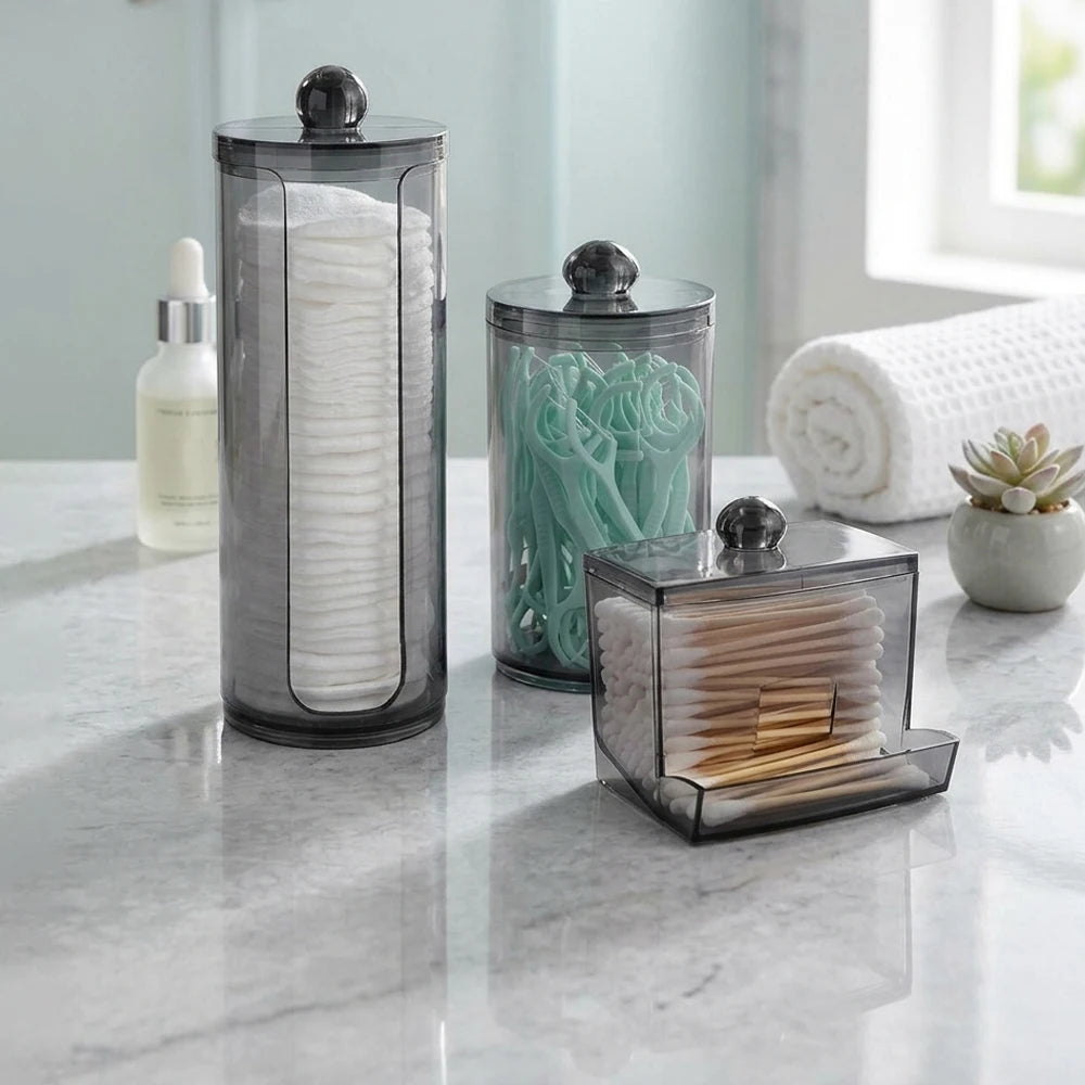 3pcs Q-tip Holder Apothecary Jar Set with Lids – Cotton Ball & Swab Dispenser Bathroom Organizer