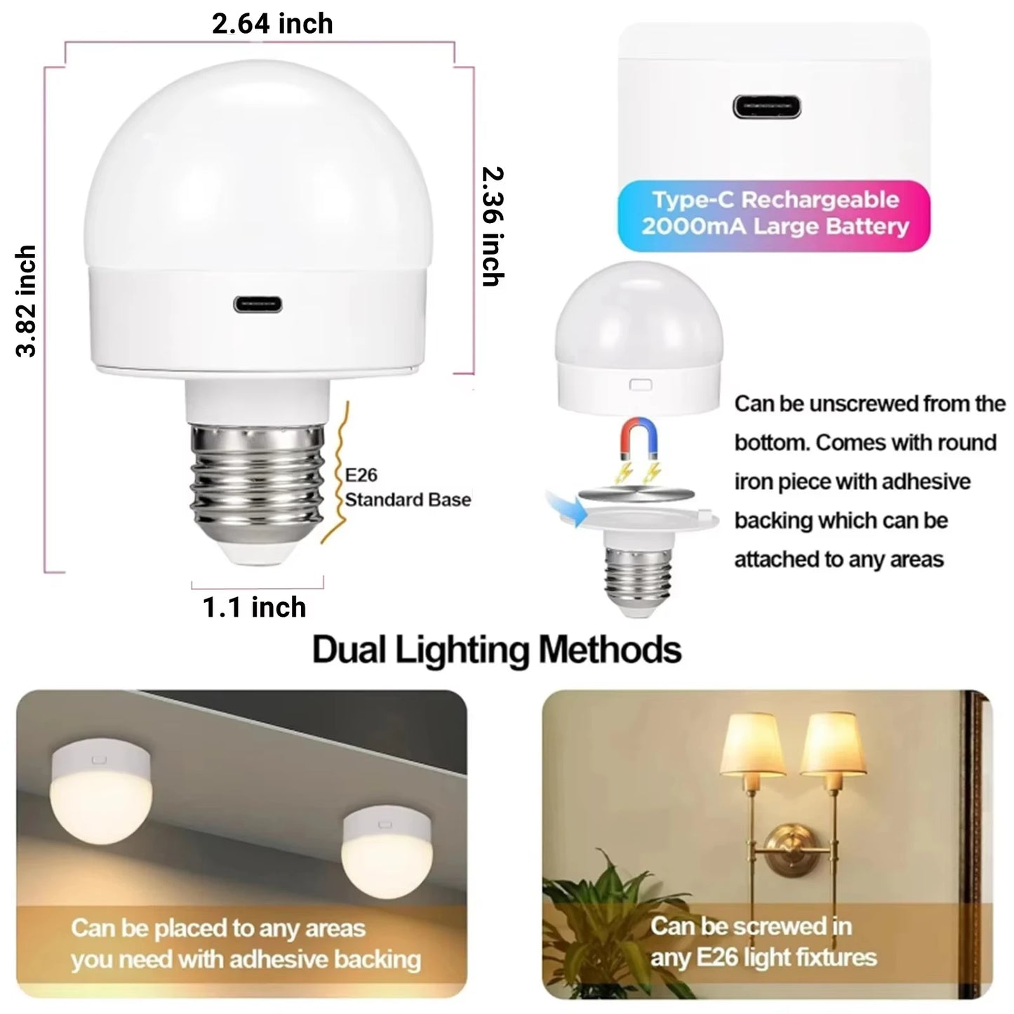E27 USB Control Rechargeable LED Smart Bulb Color Temperature 15 Brightness Levels RGB Timer Function with Remote Controller Peaceful Pleasures Health and Wellness