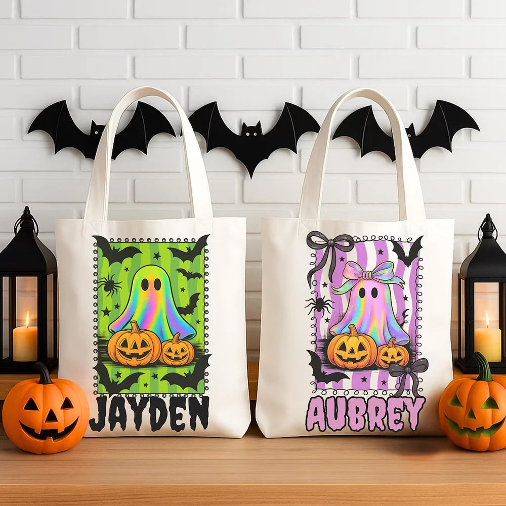 Personalized Halloween Ghost Tote Bag | Custom Name Candy Bag Personalized Tote Bag Peaceful Pleasures Health and Wellness