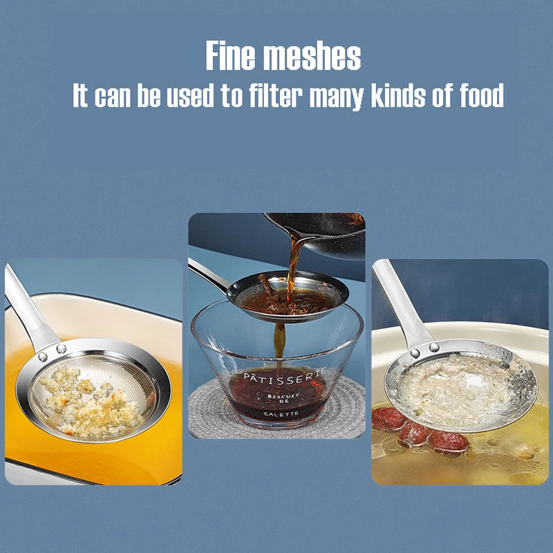 Stainless Steel Large Mesh Strainer With Long Handle Made Of Food Grade 304 Stainless Steel Anti-rust The Heat Resistant Handle Peaceful Pleasures Health and Wellness