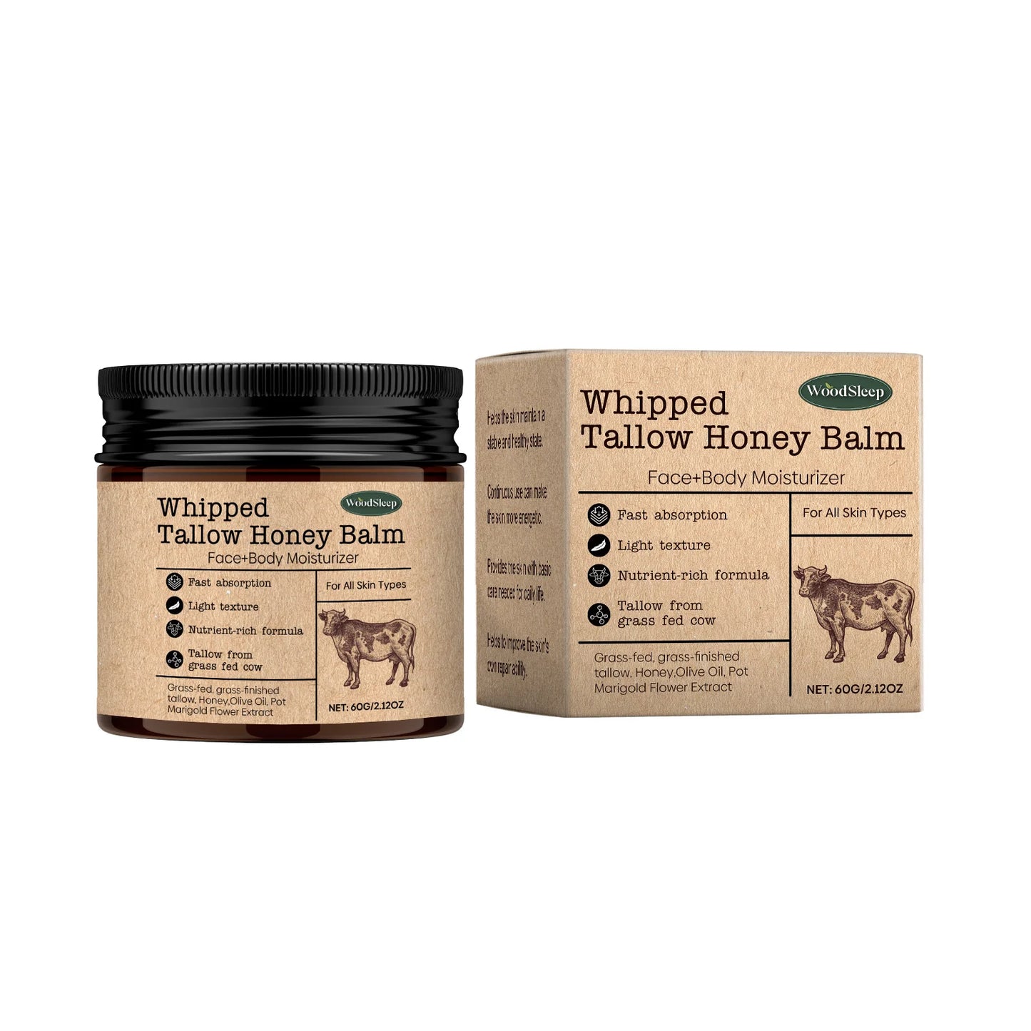 WoodSleep Beef Tallow Paste Deeply Moisturizer Brightening Wrinkle Remover Grass Fed Tallow Wild Honey Face Body Cream Skin Car Peaceful Pleasures Health and Wellness 60g