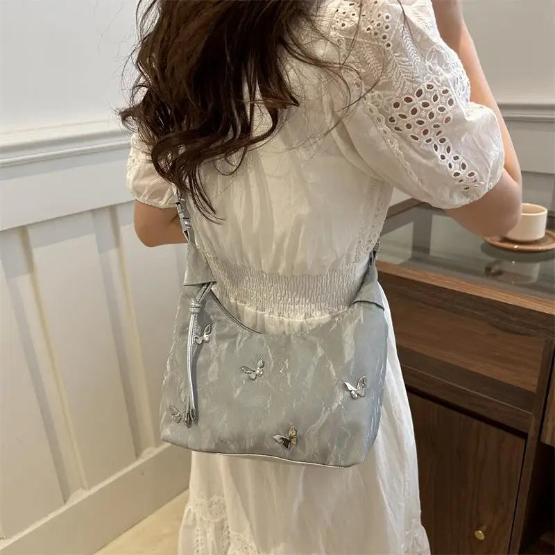 Butterfly Decor Crossbody Bag – Lightweight PU Leather Hobo