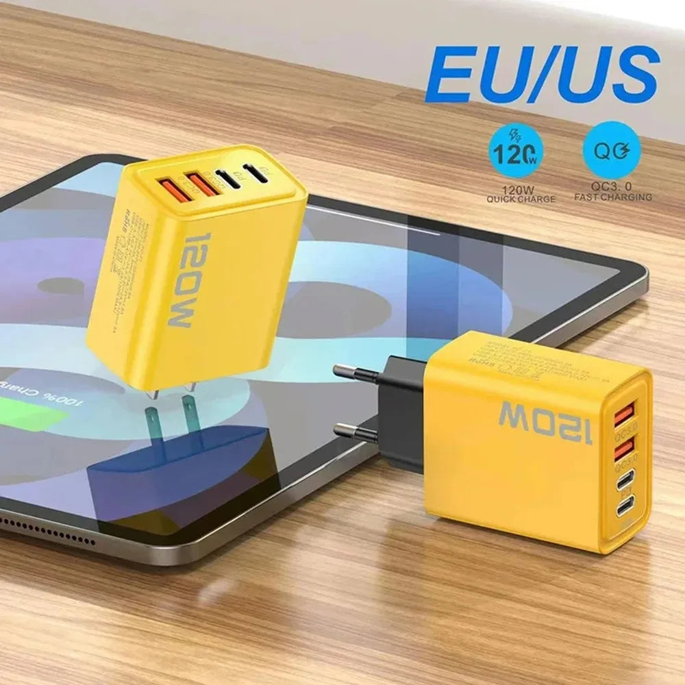 120W 4-Port USB-C Fast Charger | PD Quick Charge 3.0 Adapter