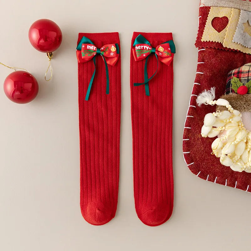 Girls' Christmas Long Socks | Bowknot Holiday Stockings Kids