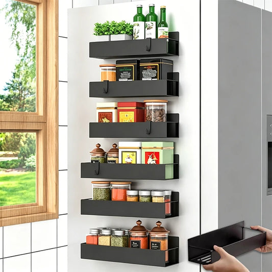 Magnetic Spice Rack for Refrigerator – Steel Shelf & Hook Rack