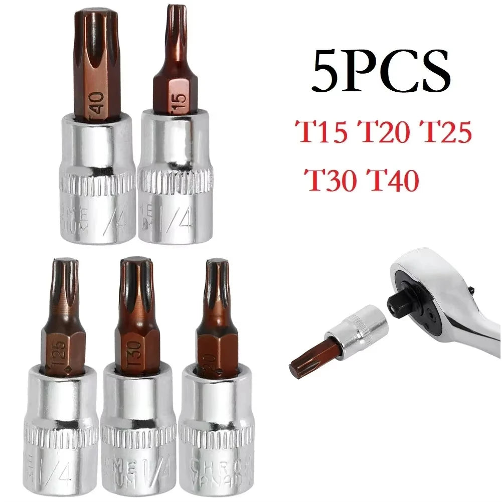 5 Pcs Torx Screwdriver Bits 1/4 Inch Drive Socket Head Tools T15 T20 T25 T30 T40 Socket Wrench Adapter Hand Tools Peaceful Pleasures Health and Wellness