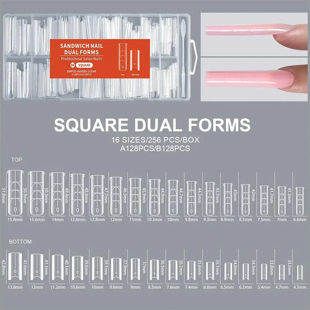 256Pcs/Box Sandwich Nail Dual Form Nail Tips Quickly Building Gel Form Nail System Full Cover Tips Nail Extension Form Kit Peaceful Pleasures Health and Wellness 256pcs-04