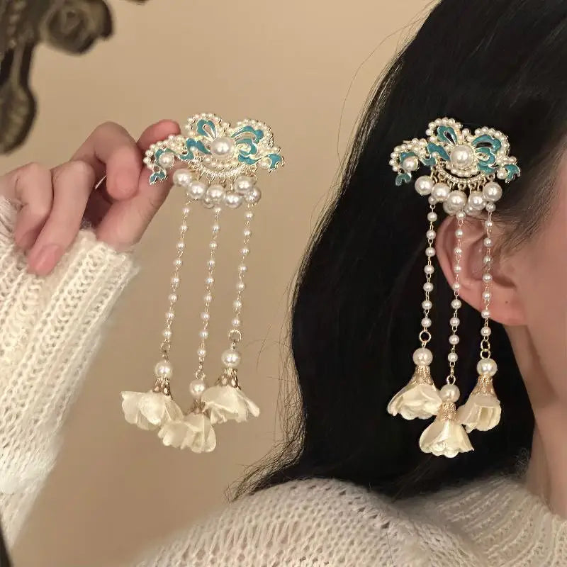 Vintage Pearl Tassel Hair Clip – Enamel Flower Hanfu Hair Pin