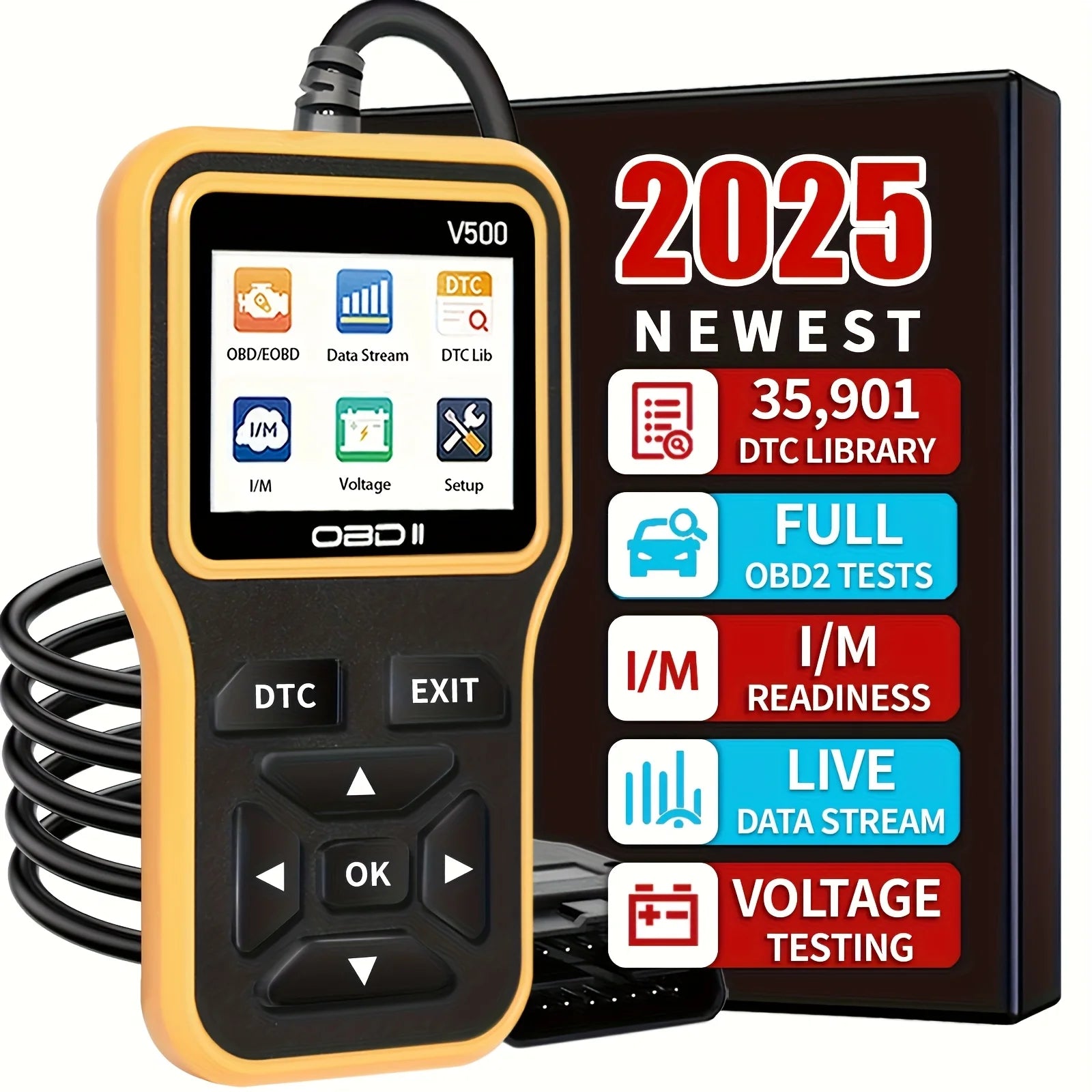 OBD2 Diagnostic Tool – Fault Code Reader & Voltage Tester V500 Peaceful Pleasures Health and Wellness YELLOW