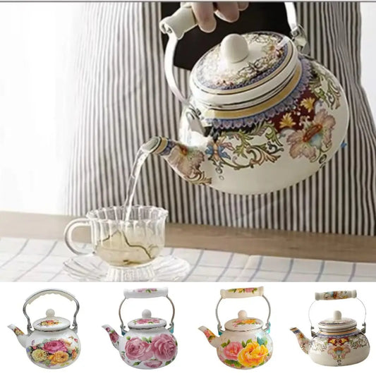 Chinese Style Enamel Teapot Floral Enameled 2.5L Gas Water Kettle Antiscald Handle Pear-shaped Coffee Pot Gas Induction Cooker Peaceful Pleasures Health and Wellness