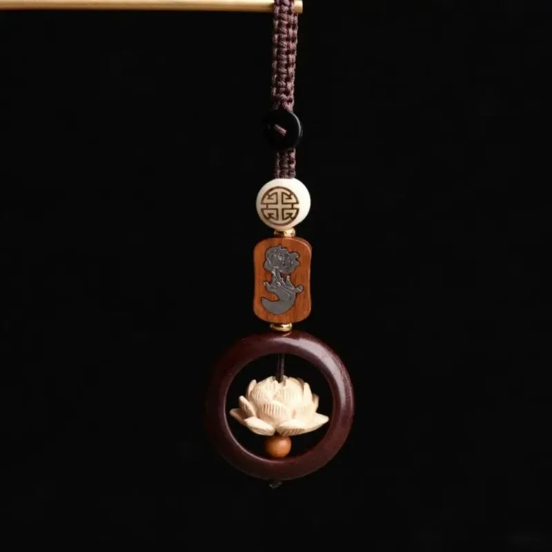 Mini Wooden Buddha Statue Lucky Lotus Keychain Pendant Accessories Holiday Gift Peaceful Pleasures Health and Wellness