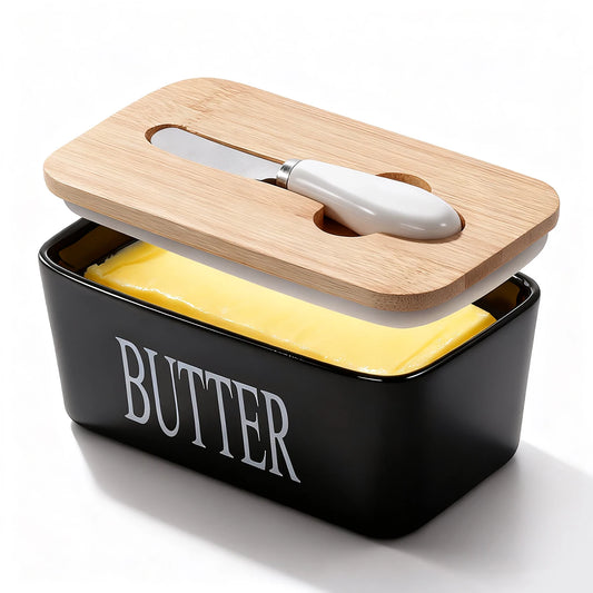 1 Set Of Ceramic Butter Dish With Bamboo Lid And Built-In Knife Butter Keeper With Double Silicone Sealing Ring Kitchen Peaceful Pleasures Health and Wellness
