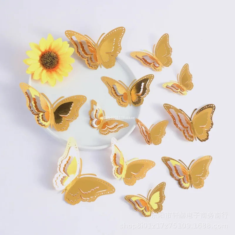 12pcs 3D Hollow Layered Butterfly Wall Sticker Gold Decorative Butterfly Home Decor Fridge DIY Party Wedding Sticker 3D Stickers Peaceful Pleasures Health and Wellness