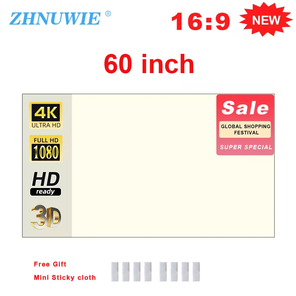 ZHNUWIE Projector Screen White Grid Anti-Light 16:9 Projection Screen For Home 72 84 100 120 133 Inch Portable Reflective Cloth Peaceful Pleasures Health and Wellness 60 inch