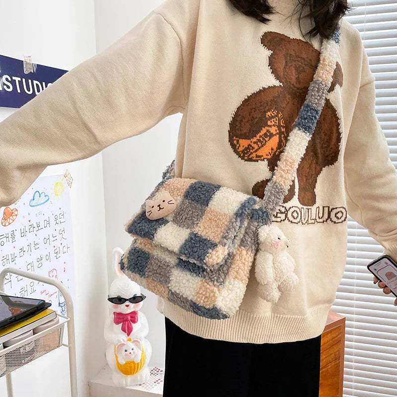 Lambskin Checkered Single-shoulder Bag Women Small Crossbody Bag Casual Cute Messenger Bags Girls Zipper Purse Lamb Like Tote Peaceful Pleasures Health and Wellness Blue with Bear