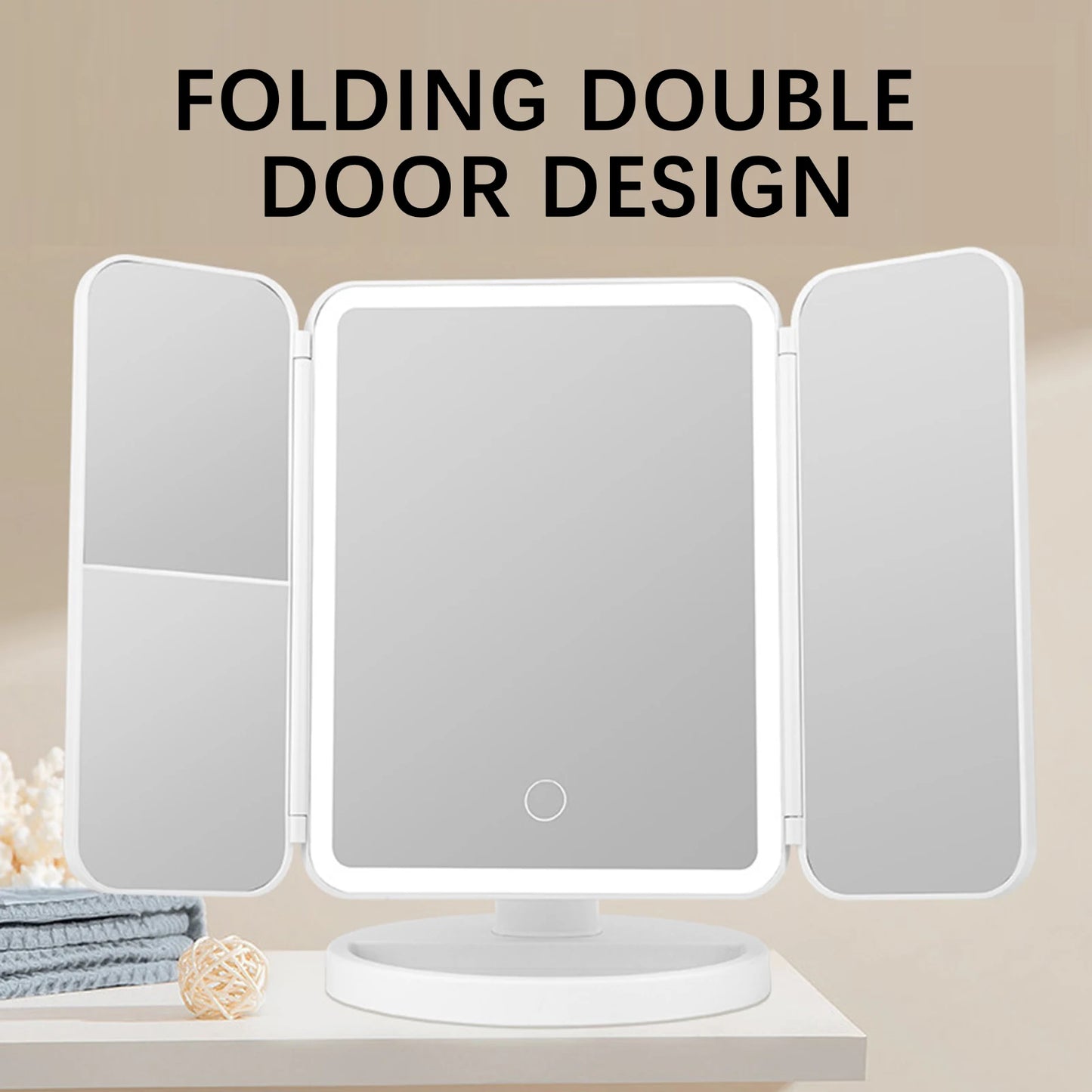 LED Tri-Fold Desktop Makeup Mirror | Touch Dimmer & 180° Stand