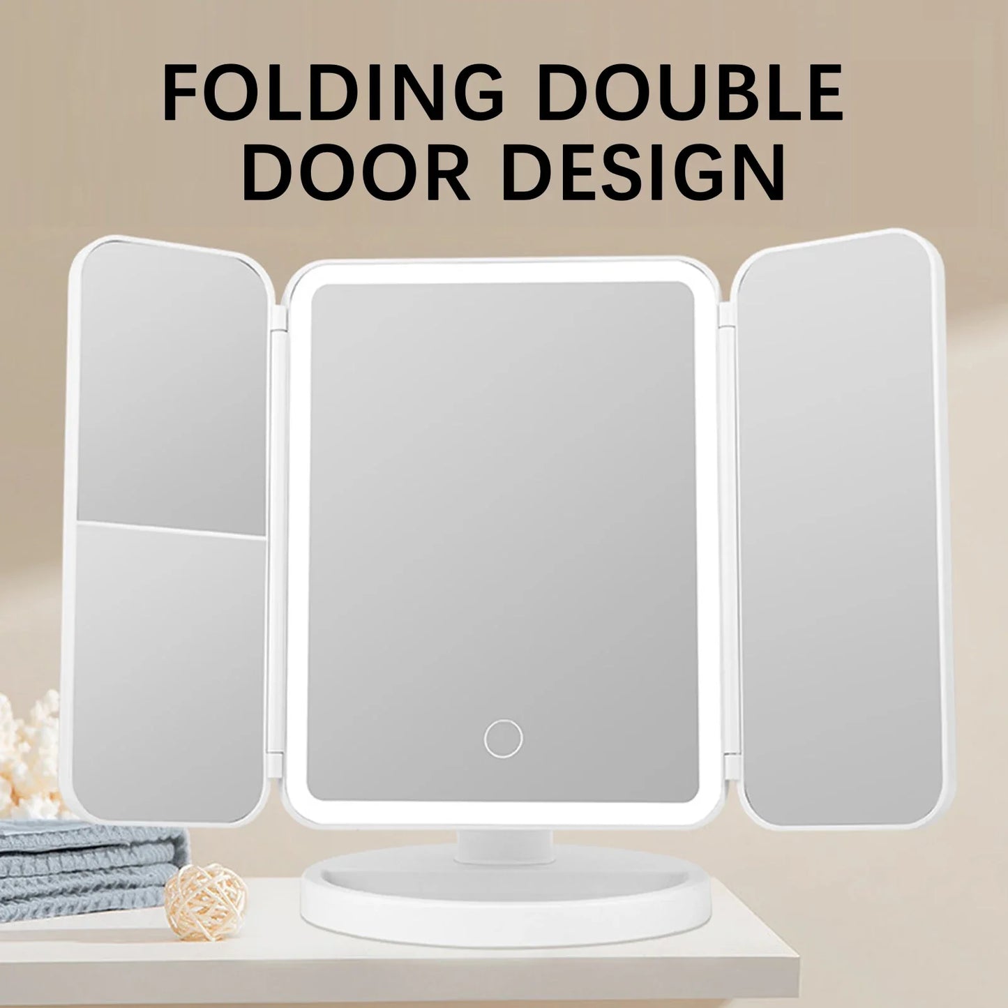 LED Tri-Fold Desktop Vanity Mirror | Touch Sensor Makeup Mirror
