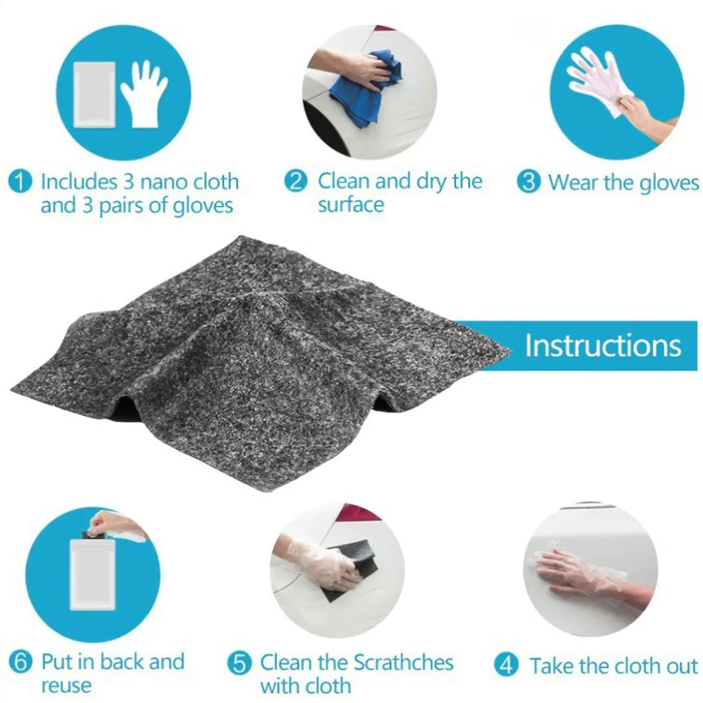 Nano Car Scratch Remover Cloth 6-Pack | Reusable Microfiber