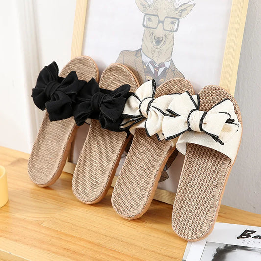 Women's Linen Bow Slides – Summer Indoor Slippers & Sandals