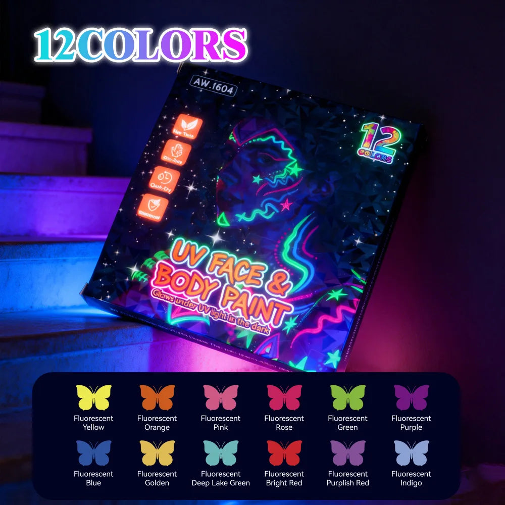 Glow in The Dark Face Paint Markers, Black Light Neon Body Paint Pens for Skin, Washable UV Temporary Tattoo for Birthday Glow Peaceful Pleasures Health and Wellness 12pcs mix color