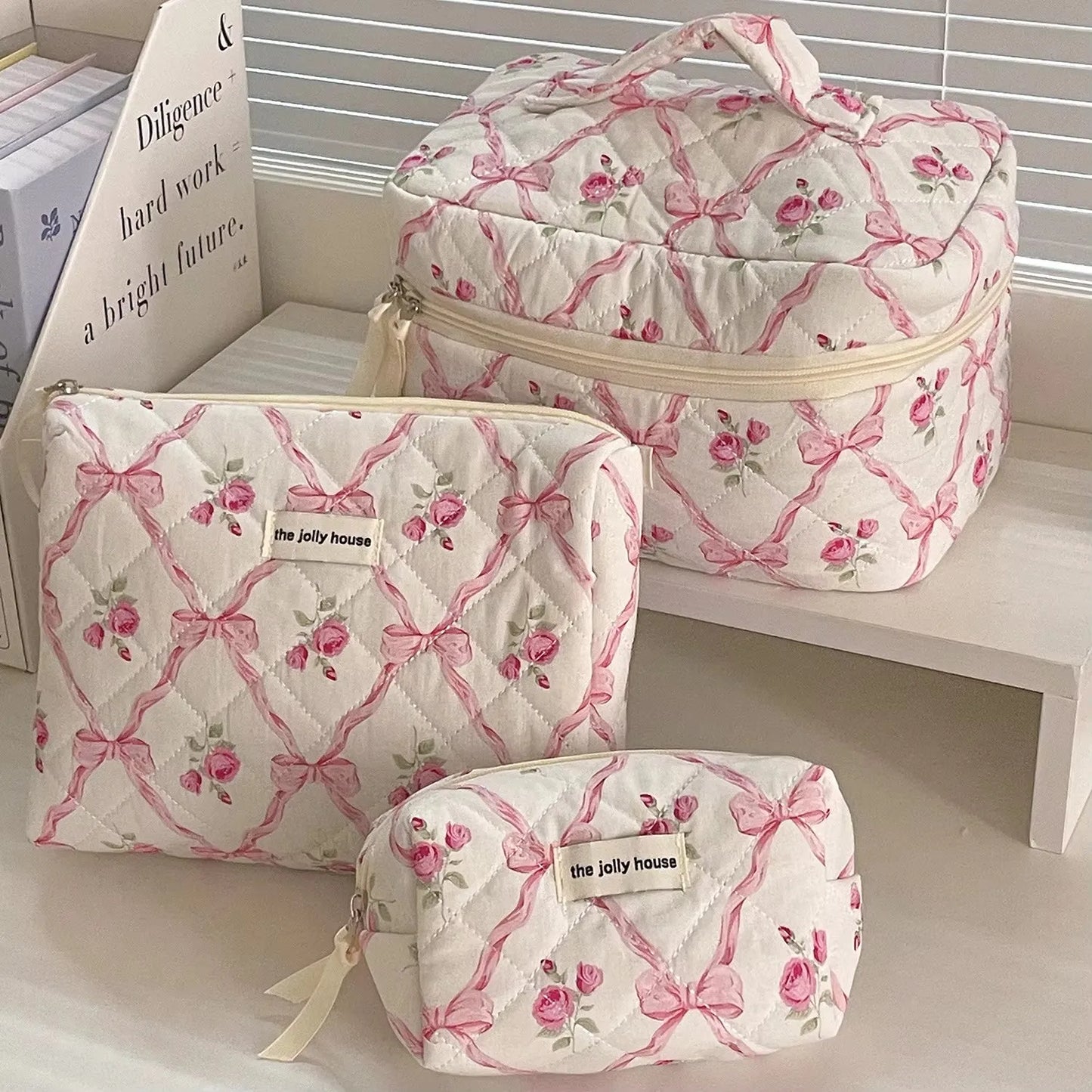 Bow Flower Quilted Makeup Bag – Zipper Cosmetic Organizer