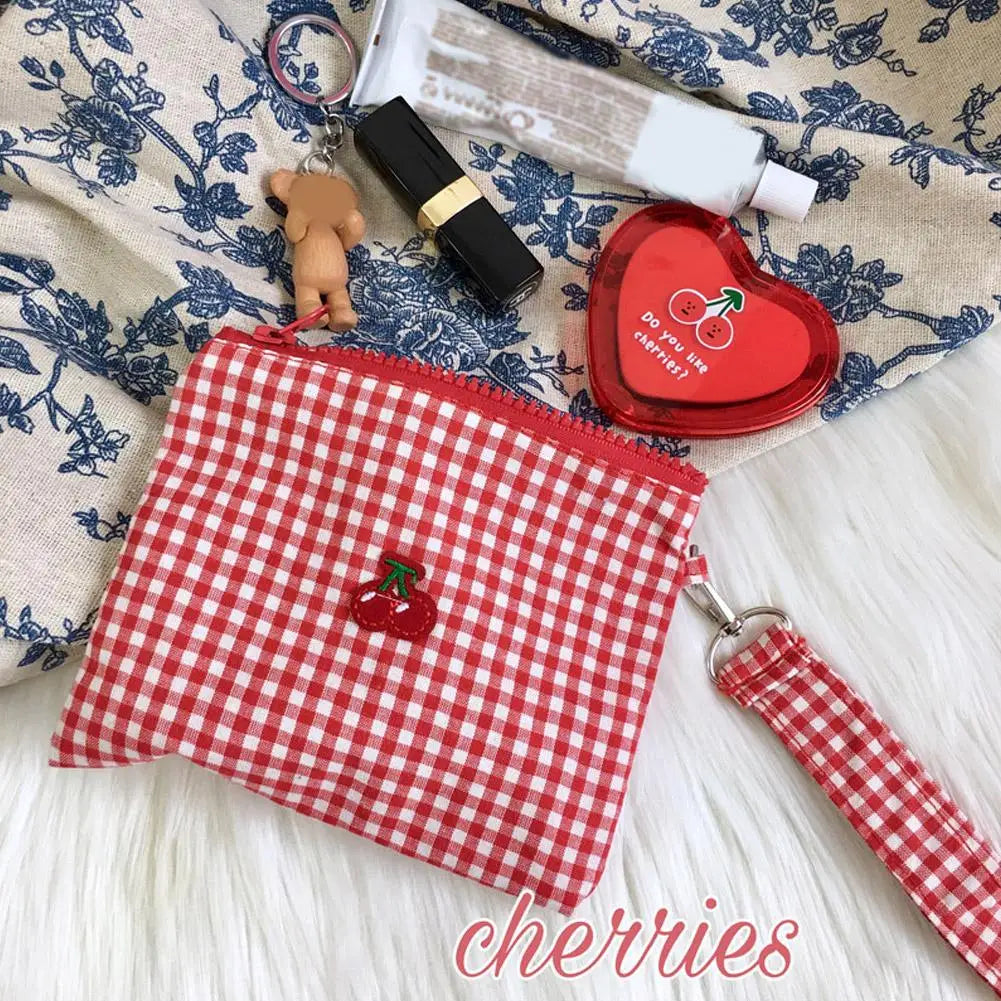 Red Cherry Canvas Makeup Bag, Portable and Easy to Carry. Red Plaid, Large Capacity Cosmetic Lipstick Storage Bag. Peaceful Pleasures Health and Wellness