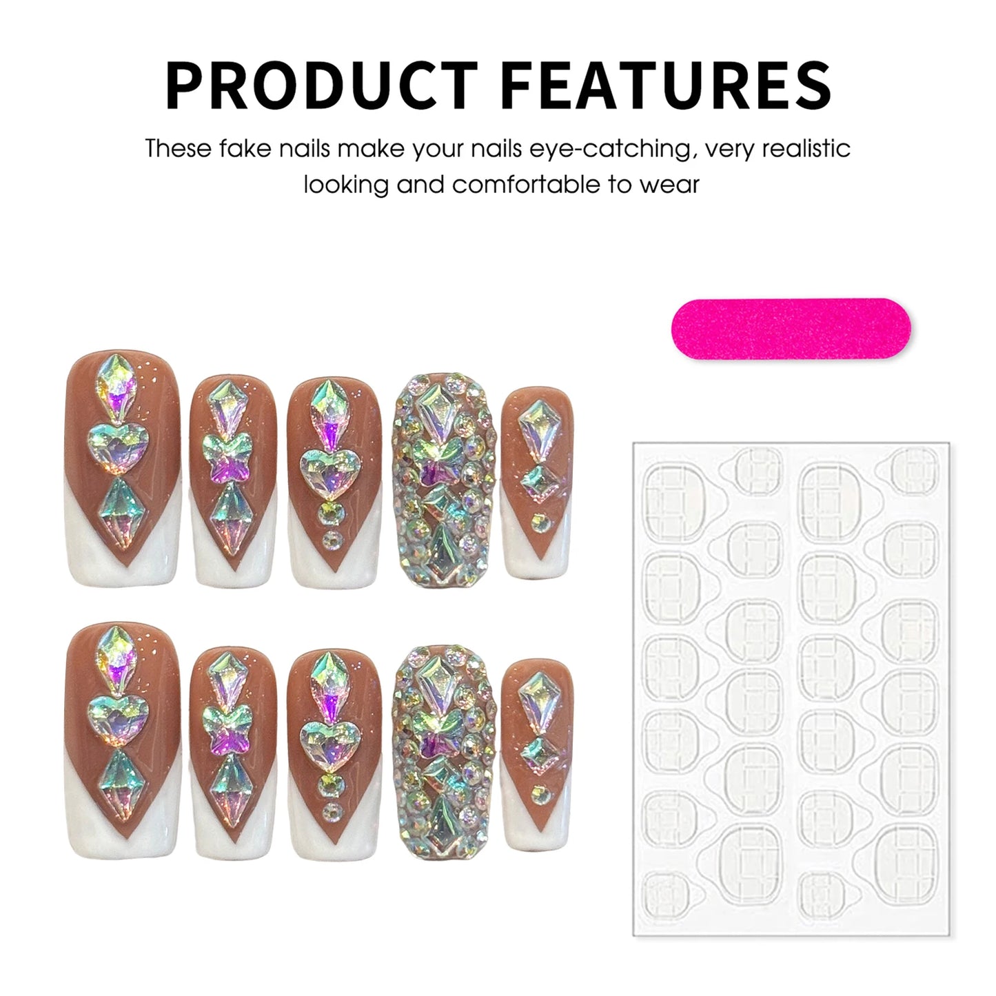 Coffin Press On Nails – Brown Rhinestone French Tips | 10pcs