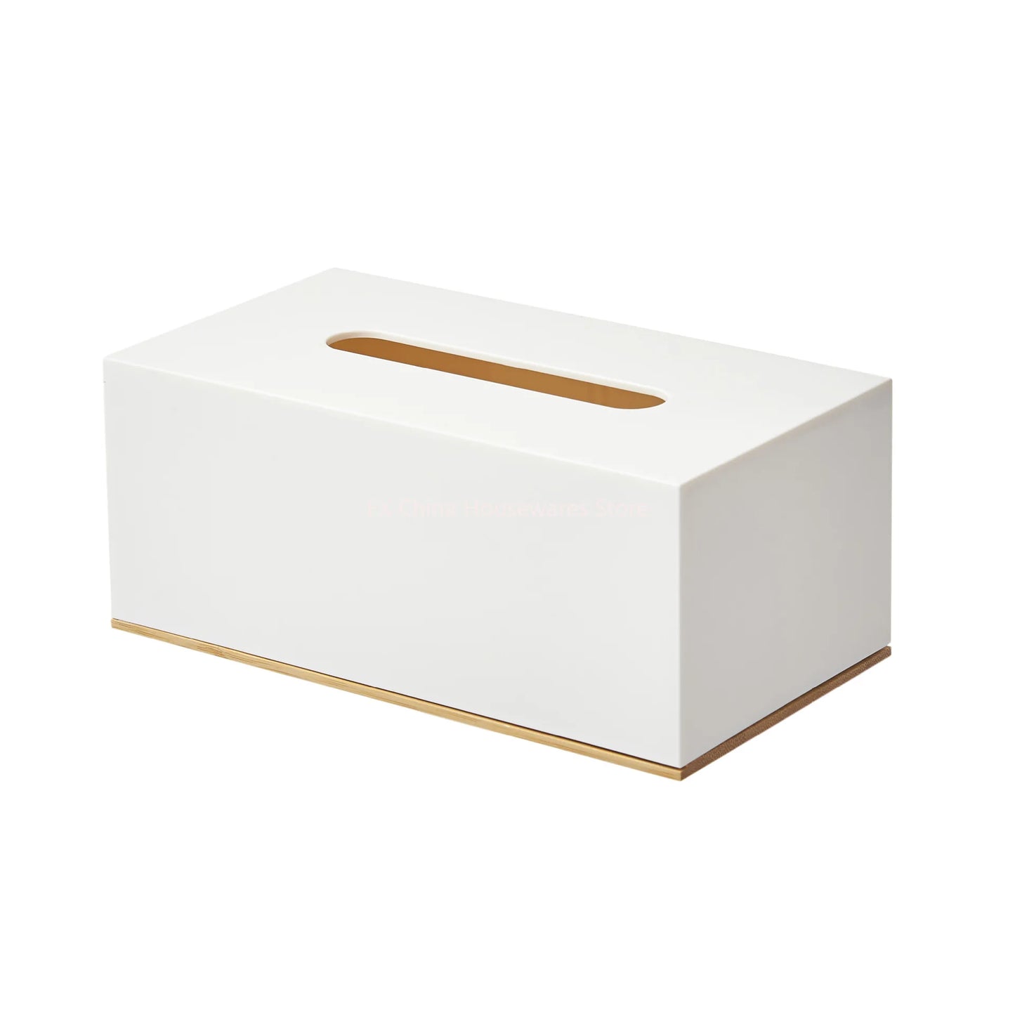 Stylish Plastic Tissue Box with Bamboo Base Desktop Organizer for Living Room Home Office Coffee Table Bathroom Use Peaceful Pleasures Health and Wellness White