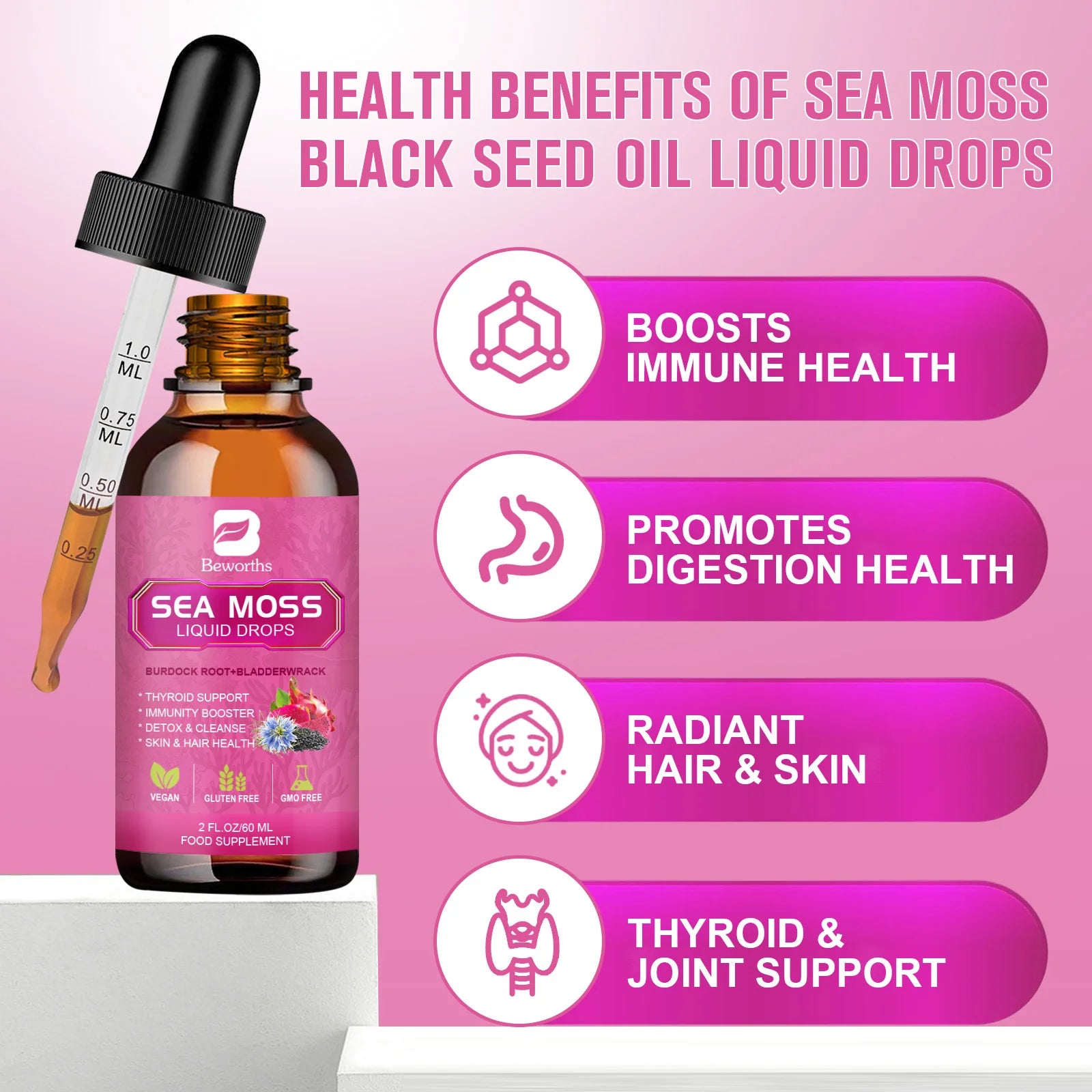 Sea Moss Liquid Drops 3000mg – Black Seed Oil, Burdock Root & Elderberry Peaceful Pleasures Health and Wellness