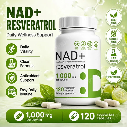 NAD+ 1000mg Resveratrol Vitamin D3 K2 – 120 Veg Capsules Antioxidant Supplement Peaceful Pleasures Health and Wellness